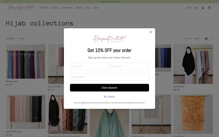 Website page titled Hijab collections – Hasanat Boutique