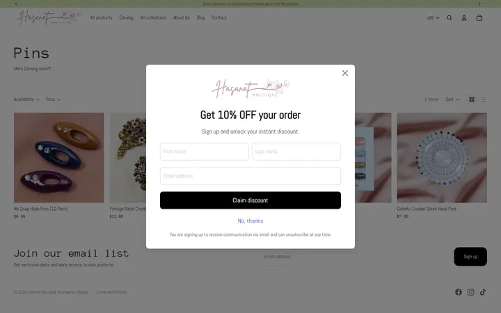 Website page titled Pins – Hasanat Boutique