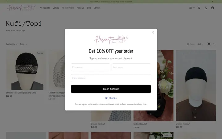 Website page titled Kufi/Topi – Hasanat Boutique