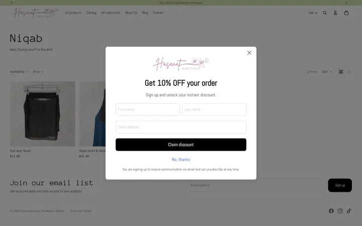 Website page titled Niqab – Hasanat Boutique