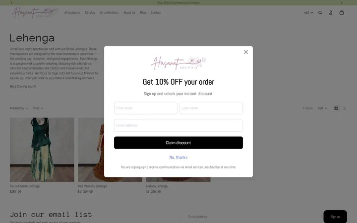 Website page titled Lehenga – Hasanat Boutique