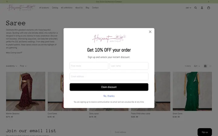 Website page titled Saree – Hasanat Boutique