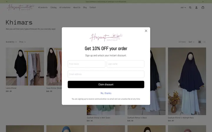 Website page titled Khimars – Hasanat Boutique