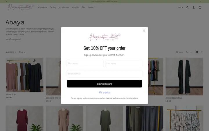 Website page titled Abaya – Hasanat Boutique