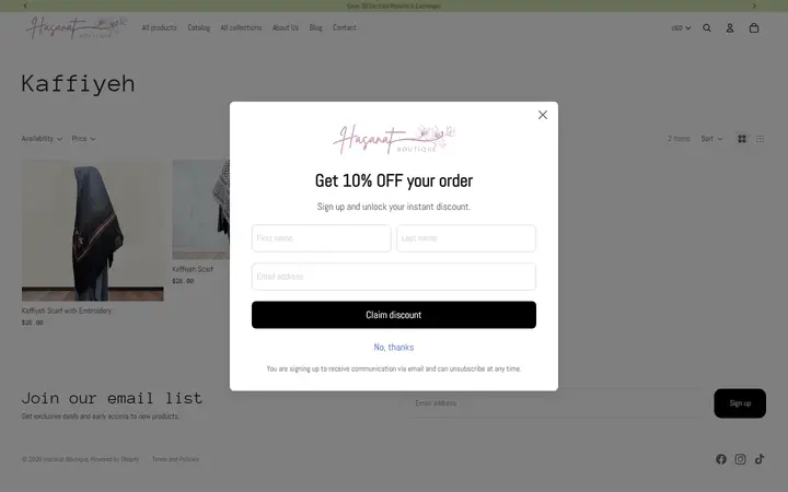 Website page titled Kaffiyeh – Hasanat Boutique