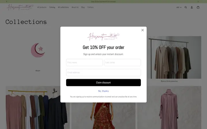 Website page titled Collections – Hasanat Boutique