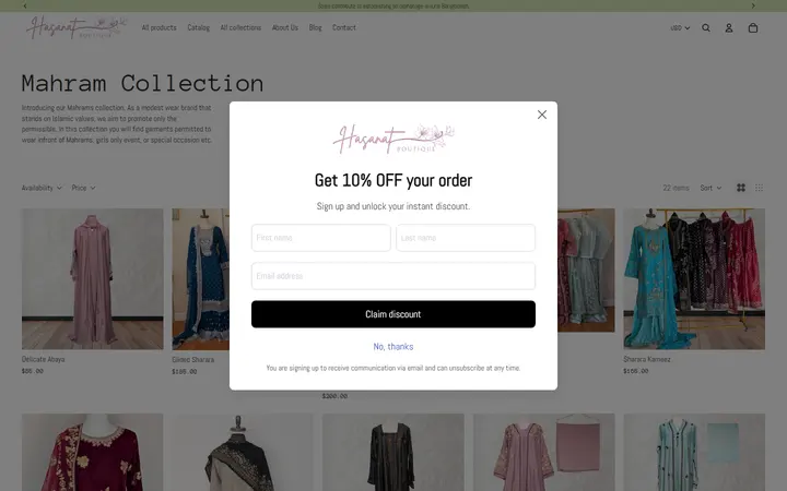 Website page titled Mahram Collection – Hasanat Boutique
