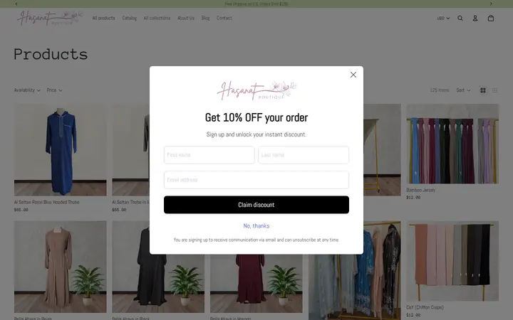 Website page titled Products – Hasanat Boutique