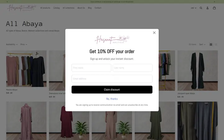Website page titled All Abaya – Hasanat Boutique