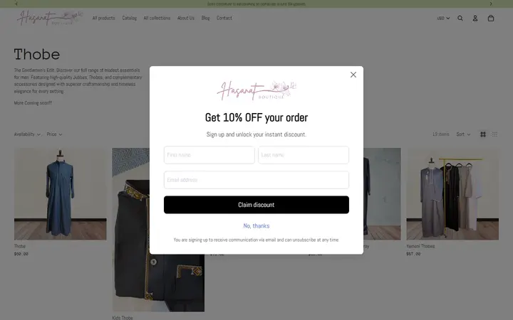 Website page titled Thobe – Hasanat Boutique
