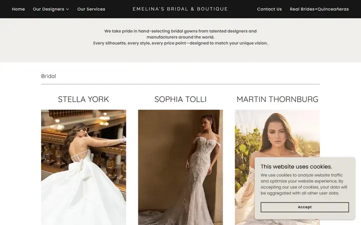 Website page titled Bridal | Emelina's Bridal & Boutique