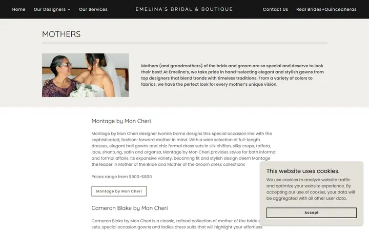 Website page titled Mothers | Emelina's Bridal & Boutique
