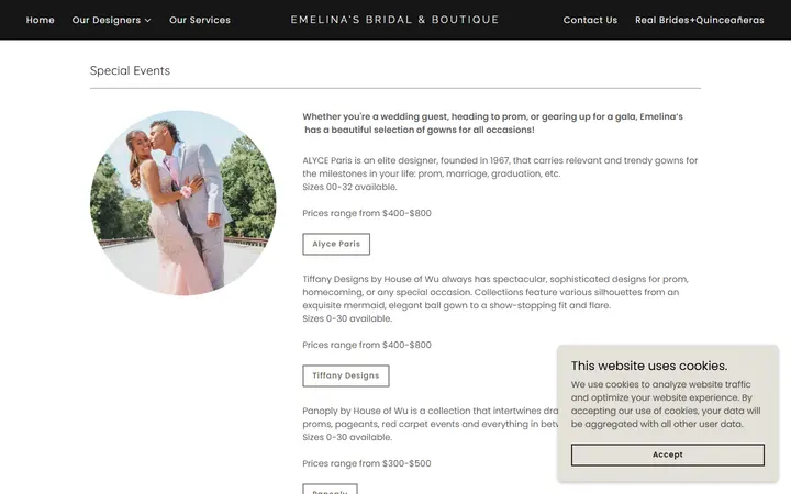 Preview of Emelina's Bridal Boutique & Alterations website