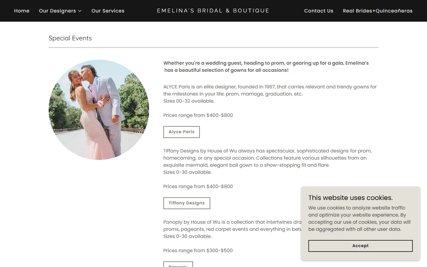 Viewport capture of Emelina's Bridal Boutique & Alterations website