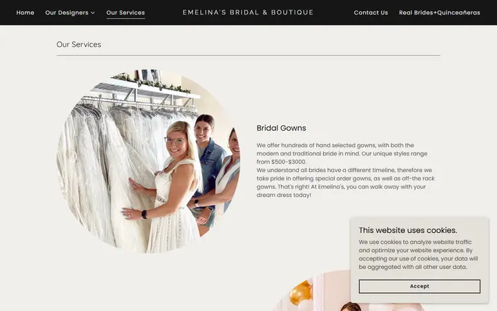 Website page titled Our Services | Emelina's Bridal & Boutique