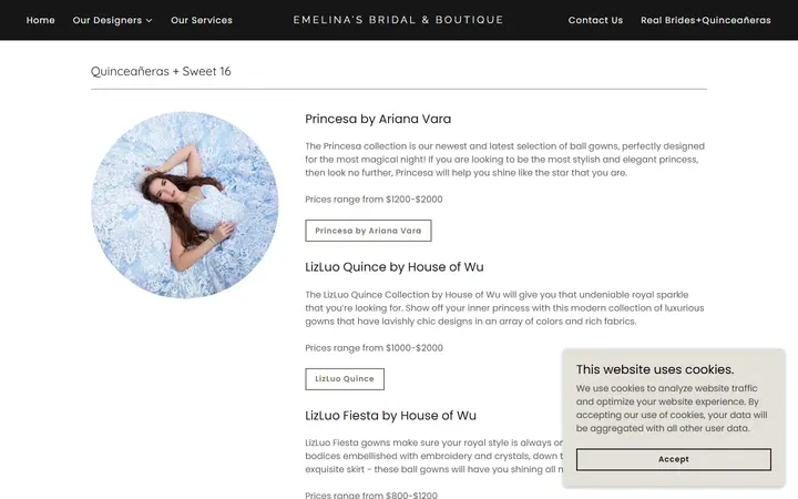 Website page titled Quinceañeras/Sweet 16 | Emelina's Bridal & Boutique