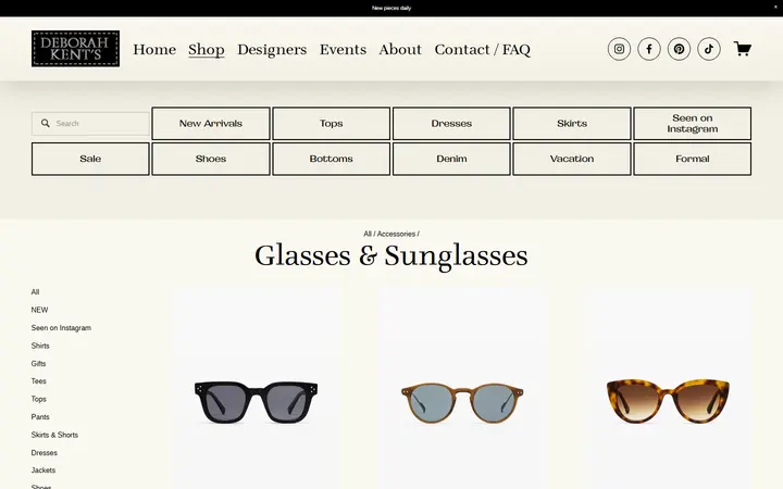 Website page titled Glasses & Sunglasses — Deborah Kent's Boutique in South Tampa— South Tampa Designer Clothing Boutique
