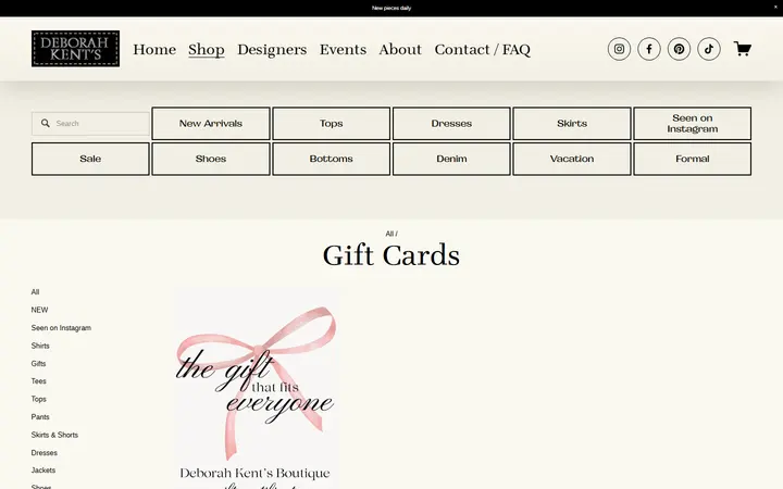 Website page titled Gift Cards — Deborah Kent's Boutique in South Tampa— South Tampa Designer Clothing Boutique