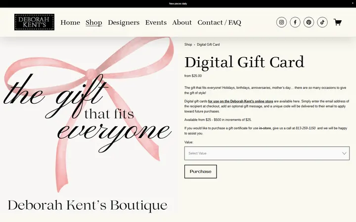 Website page titled Deborah Kent's Boutique in South Tampa — Deborah Kent's Boutique Digital Gift Certificate