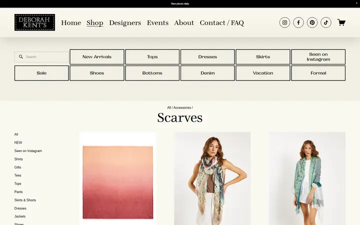 Website page titled Scarves — Deborah Kent's Boutique in South Tampa— South Tampa Designer Clothing Boutique