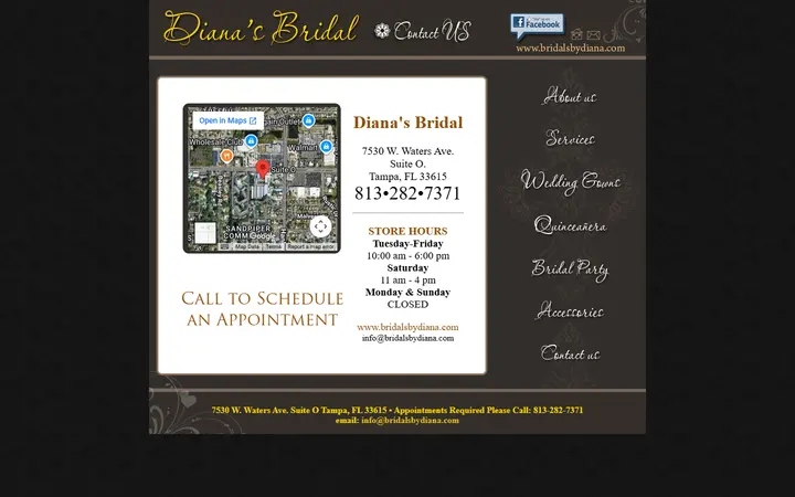 Website page titled Diana's Bridal Exclusive Designs on Tampa Bay