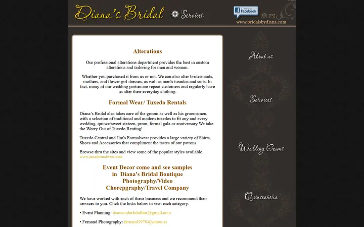 Website page titled Diana's Bridal Exclusive Designs on Tampa Bay