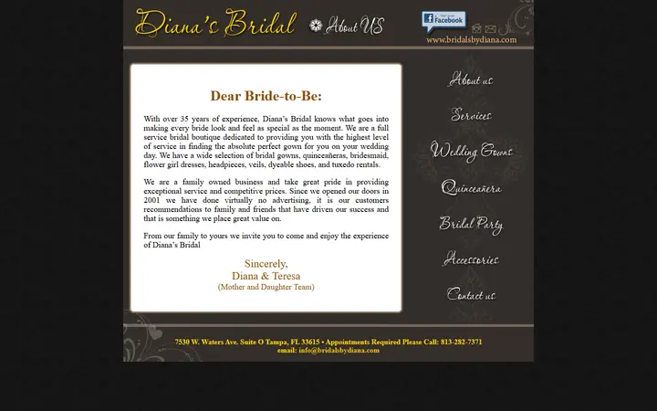 Website page titled Diana's Bridal Exclusive Designs on Tampa Bay