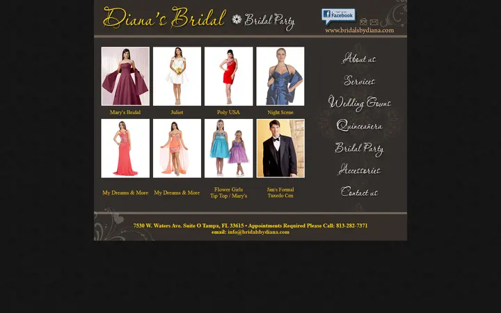 Website page titled Diana's Bridal Exclusive Designs on Tampa Bay | The best brands Mary's Bridal, Alexia Design, Pretty Maids, Night Scene, Venus Bridal, Da Vinci, Jim's Formal, Tuxedo Cen | Flowers Girls