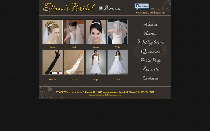 Website page titled Diana's Bridal Exclusive Designs on Tampa Bay | Accessories, Tiaras, Veils, Bridal Shoes