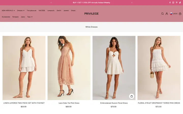 Website page titled White Dresses for Women | Boutique Styles — Privilege Stores – PRIVILEGE