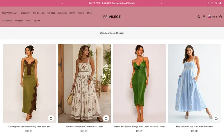 Website page titled Wedding Guest Dresses for Every Venue & Season | PRIVILEGE – PRIVILEGE