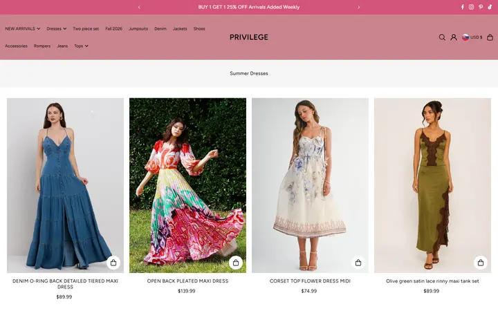 Website page titled Women's Summer Dresses: Cute & Breezy Styles | PRIVILEGE – PRIVILEGE