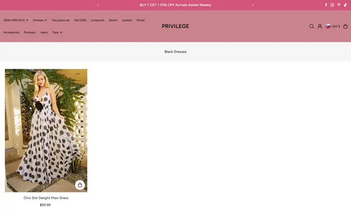 Website page titled Black Dresses for Women | Boutique Styles — Privilege Stores – PRIVILEGE