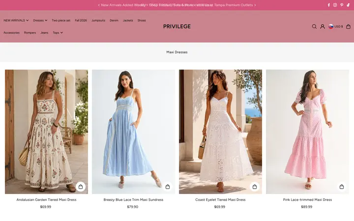 Website page titled Maxi Dresses for Women | Flowy & Elegant Styles | PRIVILEGE – PRIVILEGE