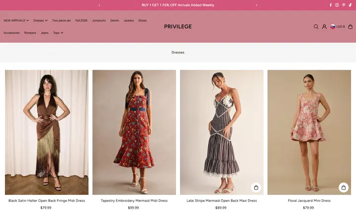 Website page titled Women's Dresses | Maxi, Midi, Mini & Boutique Styles | PRIVILEGE – PRIVILEGE