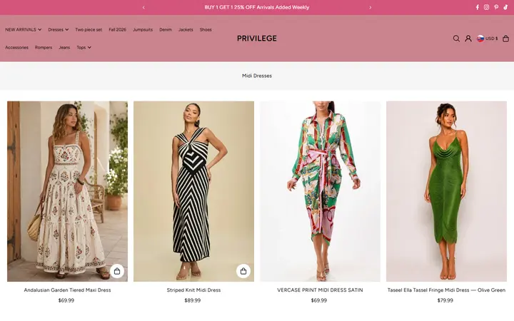 Website page titled Women's Midi Dresses: Elegant Boutique Styles | PRIVILEGE – PRIVILEGE