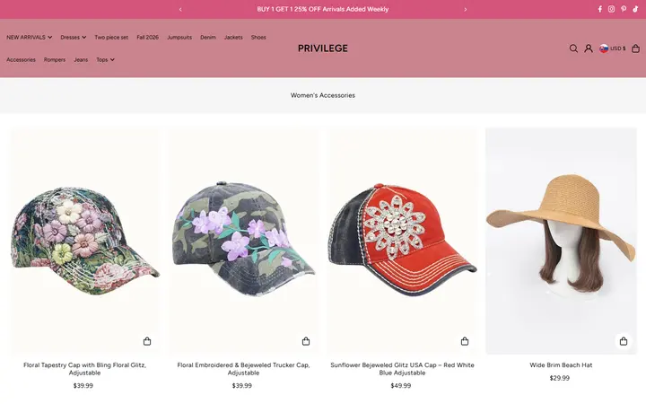 Website page titled Women's Accessories: Jewelry, Bags, Hats & More | PRIVILEGE – PRIVILEGE