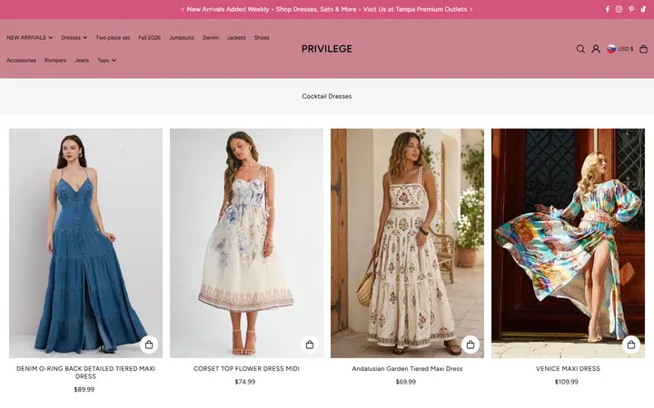 Website page titled Women's Cocktail Dresses: Elegant Boutique Styles | PRIVILEGE – PRIVILEGE