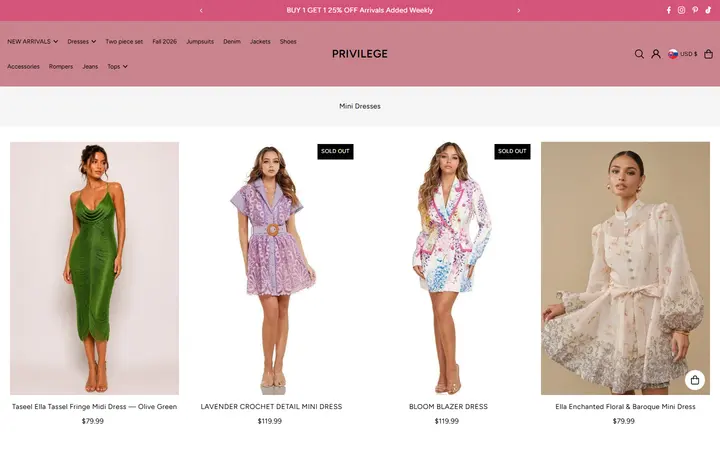 Website page titled Women's Mini Dresses: Cute Boutique Styles | PRIVILEGE – PRIVILEGE