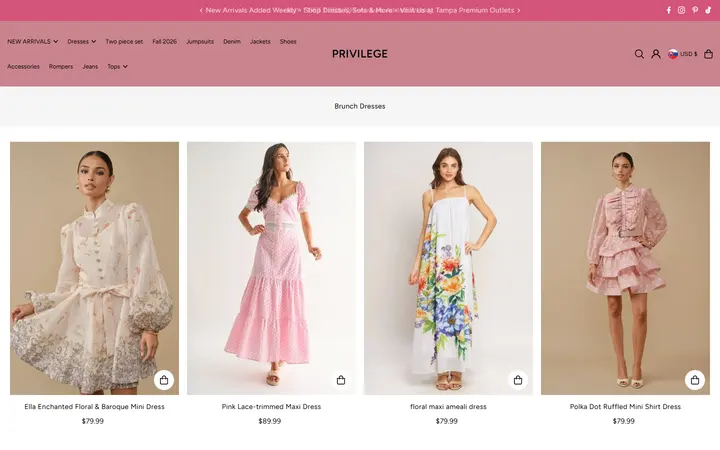 Website page titled Women's Brunch Dresses: Cute & Chic Styles | PRIVILEGE – PRIVILEGE