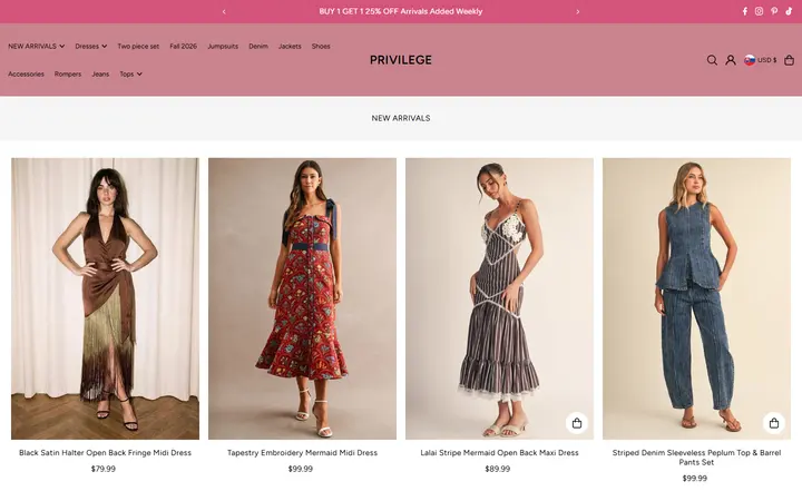 Website page titled New Arrivals | Fresh Women's Boutique Styles — Privilege Stores – PRIVILEGE