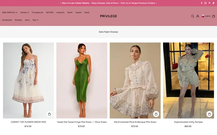 Website page titled Date Night Dresses for Women | Boutique Styles — Privilege Stores – PRIVILEGE