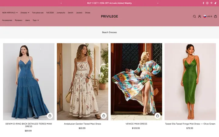 Website page titled Women's Beach Dresses: Breezy Vacation Styles | PRIVILEGE – PRIVILEGE