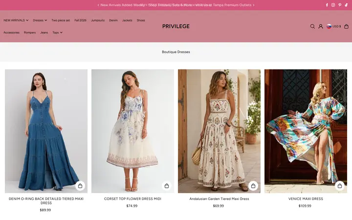 Website page titled Boutique Dresses for Women | Unique Styles — Privilege Stores – PRIVILEGE
