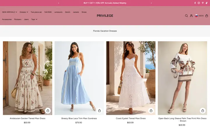 Website page titled Florida Vacation Dresses: Beach & Resort Styles | PRIVILEGE – PRIVILEGE