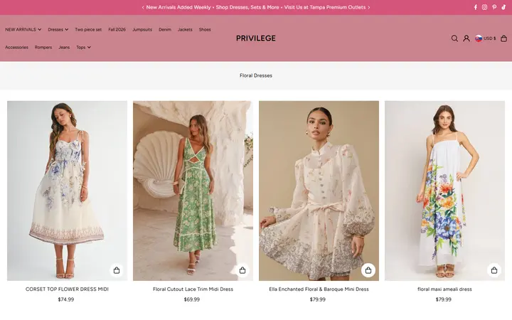 Website page titled Floral Dresses for Women | Boutique Styles — Privilege Stores – PRIVILEGE