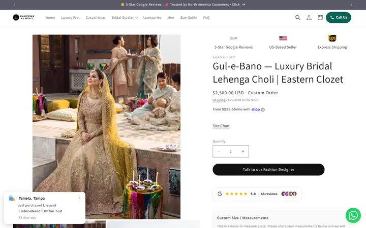 Website page titled Gul-e-Bano — Luxury Bridal Lehenga Choli | Eastern Clozet