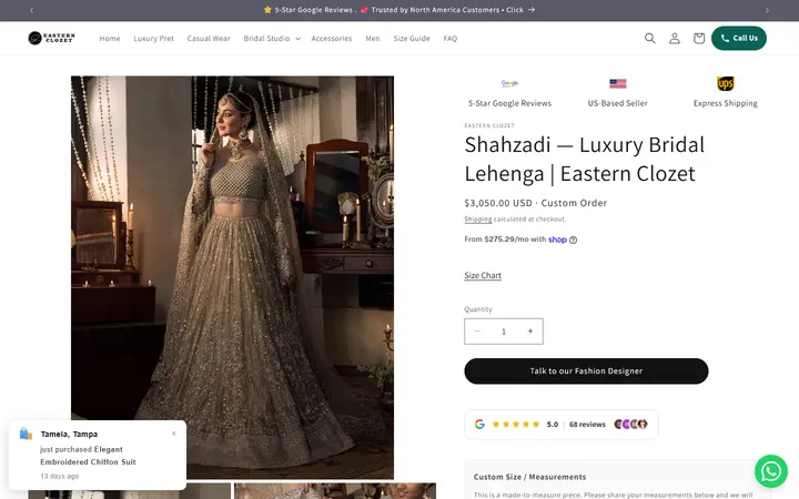 Website page titled Shahzadi — Luxury Bridal Lehenga | Eastern Clozet