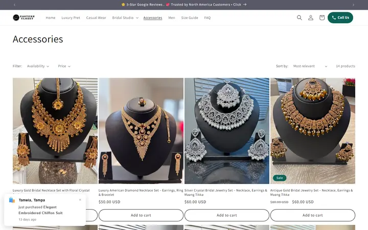 Website page titled Pakistani Bridal Jewelry & Accessories USA | Eastern Clozet