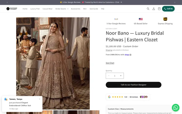 Website page titled Noor Bano — Luxury Bridal Pishwas | Eastern Clozet